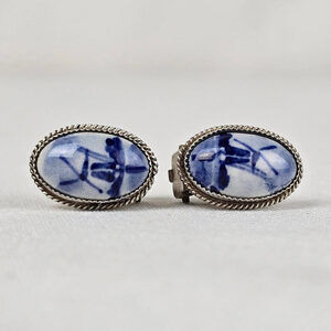 Vintage Delft Holland Windmill Ceramic Blue 835 Sterling Silver Clip On Earrings